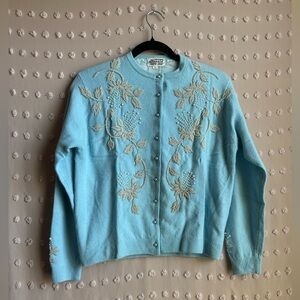 Herald Vintage Wool Angora Blend Beaded Cardigan Sweater Sz 40 Blue